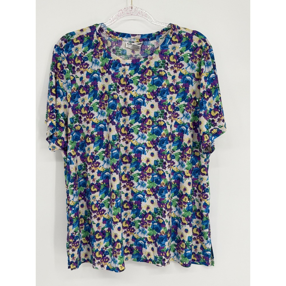C.D. Daniels Womens Floral Sequin Short Sleeve Top Blue Purple Crew Neck Sz 2X